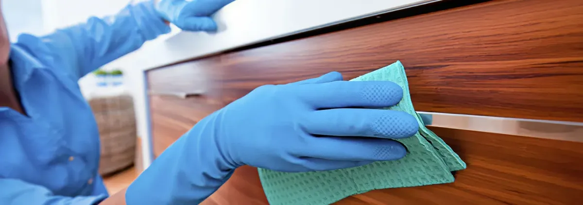 Cleaner wearing blue gloves wiping a wooden cabinet drawer with a microfiber cloth for dust and grime removal, Saint Louis, MO.