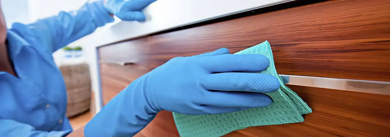 Cleaner wearing blue gloves wiping a wooden cabinet drawer with a microfiber cloth for dust and grime removal, Saint Louis, MO.