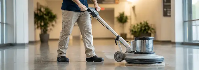Professional technician using an industrial floor buffer to polish and maintain shiny commercial flooring in a corporate hallway in Saint Louis, MO.