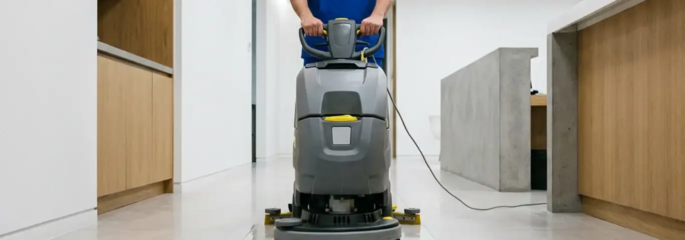 Janitorial staff using a floor scrubber machine to clean a commercial hallway, Saint Louis, MO.