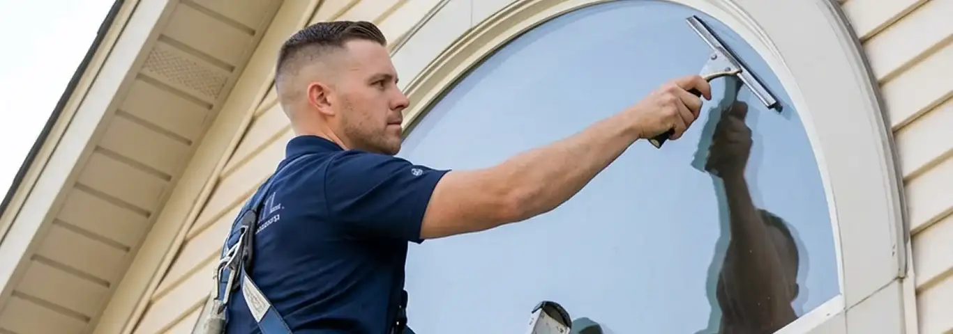Professional window cleaner using a squeegee to clean an exterior arched window on a home, Saint Louis, MO.