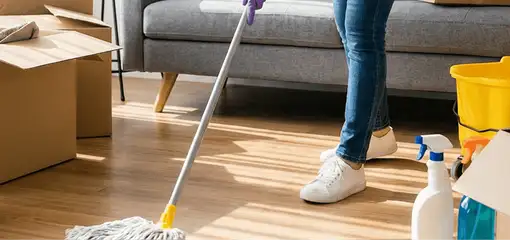 Move-out cleaning setup with a cleaner mopping hardwood floors near moving boxes and cleaning supplies, Saint Louis, MO.