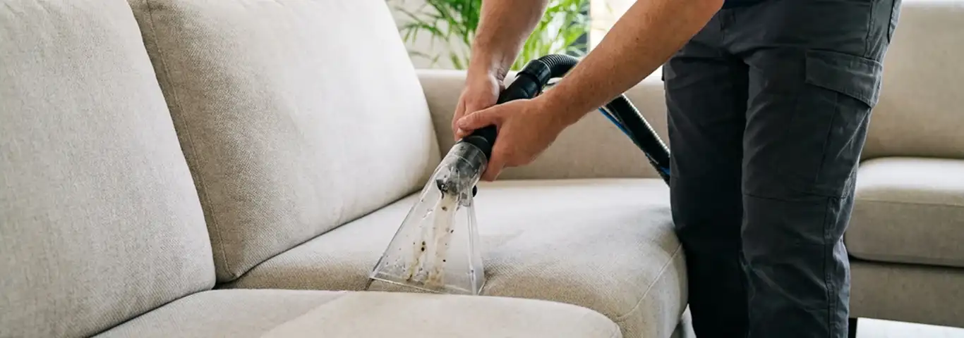 Technician extracting dirt and moisture from a fabric sofa with an upholstery cleaning wand, Saint Louis, MO.