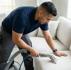 Professional upholstery cleaning technician using an extraction wand to deep-clean a fabric sofa, Saint Louis, MO.