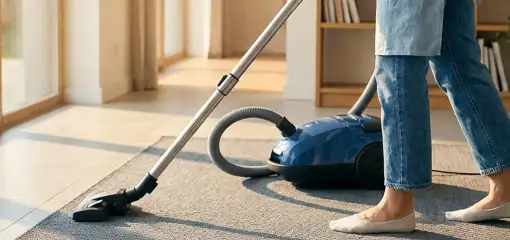 Person vacuuming a living room rug with a canister vacuum cleaner near large windows, Saint Louis, MO.